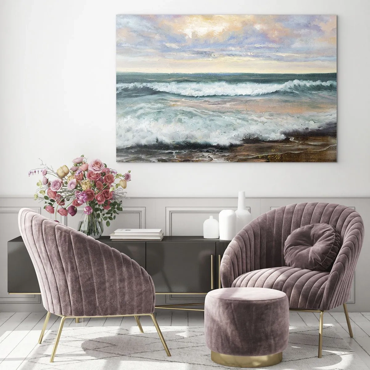 Schilderen op glas - Een schilderij waarop golven tegen de kust beuken - 70x50cm - Hier maak je je ziel glad - Moderne wanddecoratie voor woonkamer en slaapkamer ARTTOR