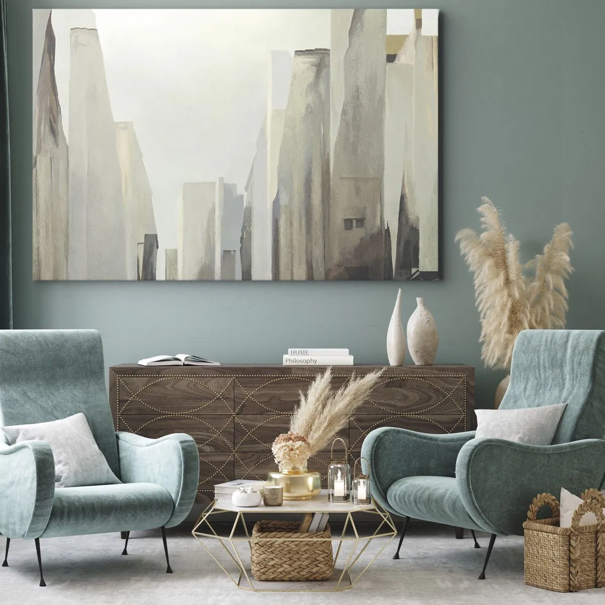 Schilderen op canvas - Abstract stadsgezicht in pasteltinten - 70x50cm - Droom over de stad - Moderne wanddecoratie voor woonkamer en slaapkamer ARTTOR