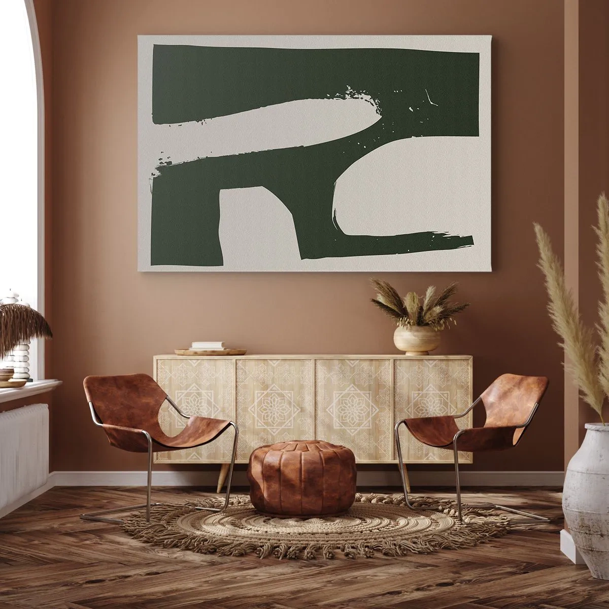 Schilderen op canvas - Minimalistisch abstract in groen op een lichte achtergrond - 70x50cm - Baaien van wit - Moderne wanddecoratie voor woonkamer en slaapkamer ARTTOR