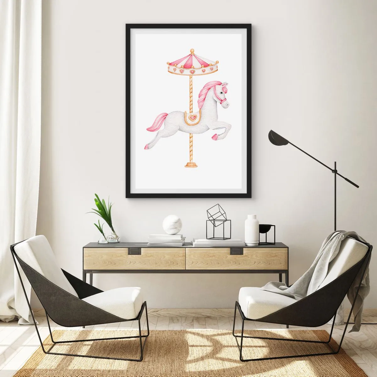 Poster in een zwarte lijst - Een charmant wit paard op een draaimolen in pastelkleuren - 50x70cm - Hij raakte de grond rennend - Moderne wanddecoratie voor woonkamer en slaapkamer ARTTOR