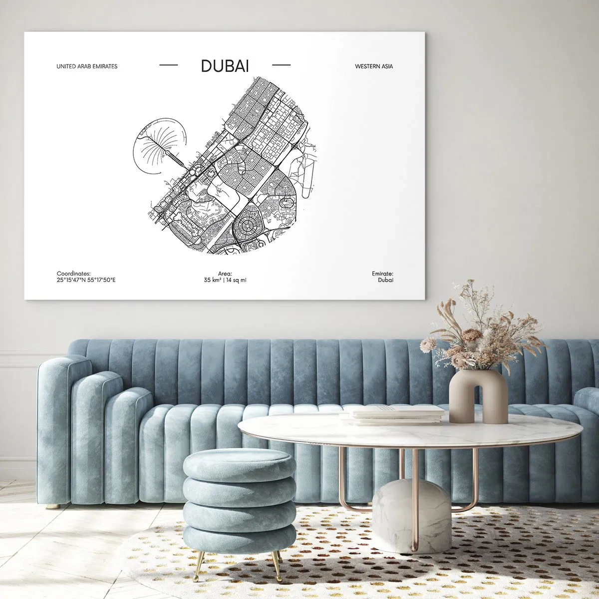 Schilderen op glas - Een minimalistische kaart van Dubai in zwart-witstijl. - 70x50cm - Anatomie van Dubai - Moderne wanddecoratie voor woonkamer en slaapkamer ARTTOR