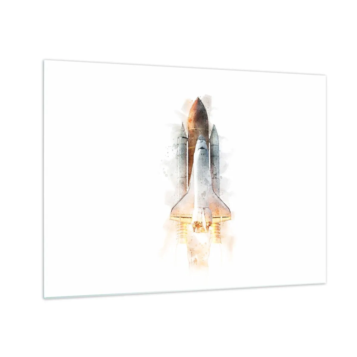 Schilderen op glas - Een opstijgende spaceshuttle in aquarelstijl op een witte achtergrond. - 70x50cm - Ontdekkingsreizigers, aan de slag - Moderne wanddecoratie voor woonkamer en slaapkamer ARTTOR