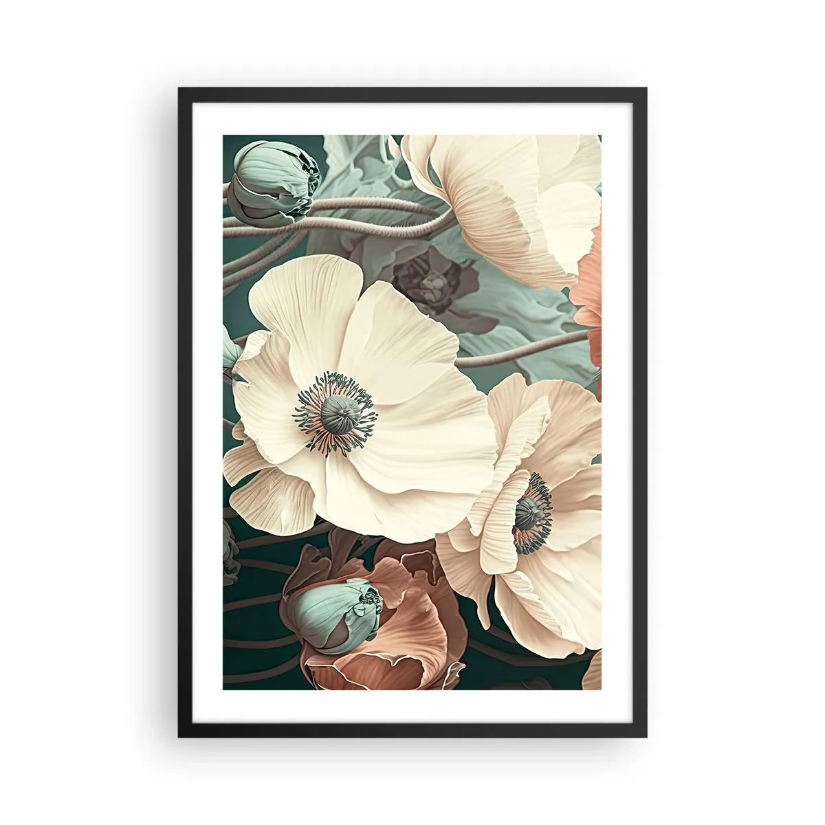 Poster in een zwarte lijst - Delicate bloemen in pasteltinten op een donkere achtergrond - 50x70cm - Het gefluister van klaprozen - Moderne wanddecoratie voor woonkamer en slaapkamer ARTTOR