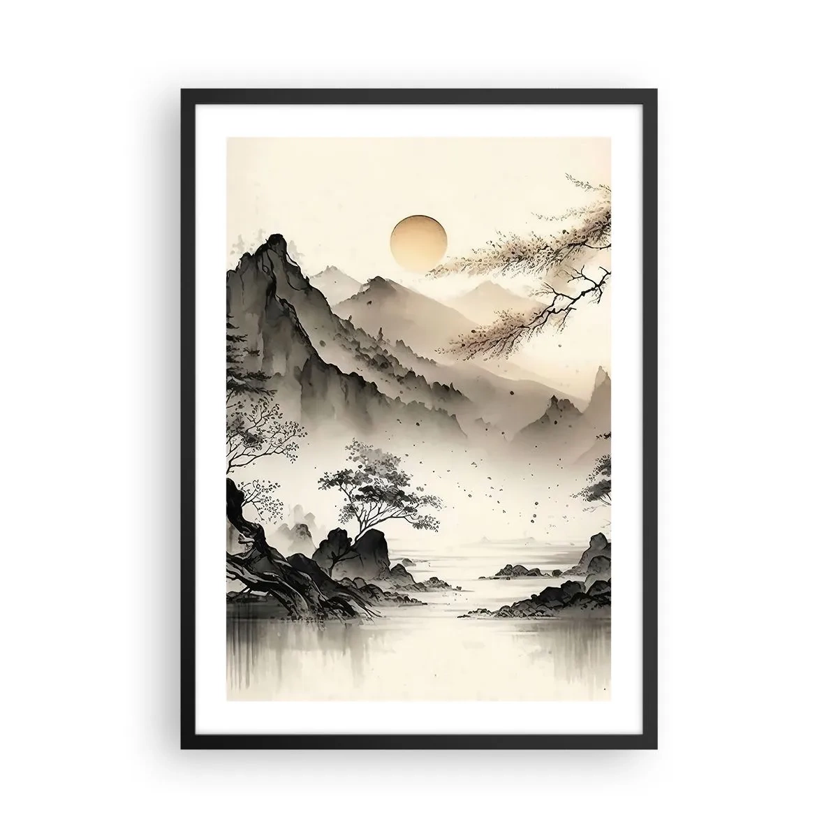 Poster in een zwarte lijst - Een minimalistisch Japans berglandschap - 50x70cm - De unieke charme van het Oosten - Moderne wanddecoratie voor woonkamer en slaapkamer ARTTOR