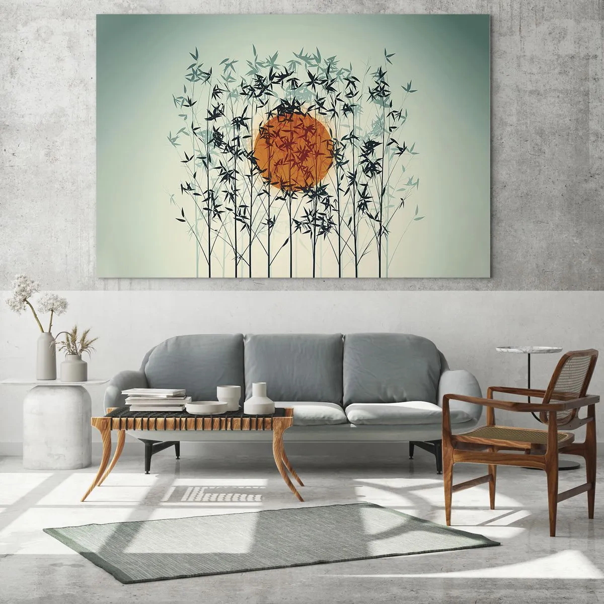 Schilderen op glas - Rode zon tussen tere bamboebladeren - 70x50cm - Japanse zon - Moderne wanddecoratie voor woonkamer en slaapkamer ARTTOR