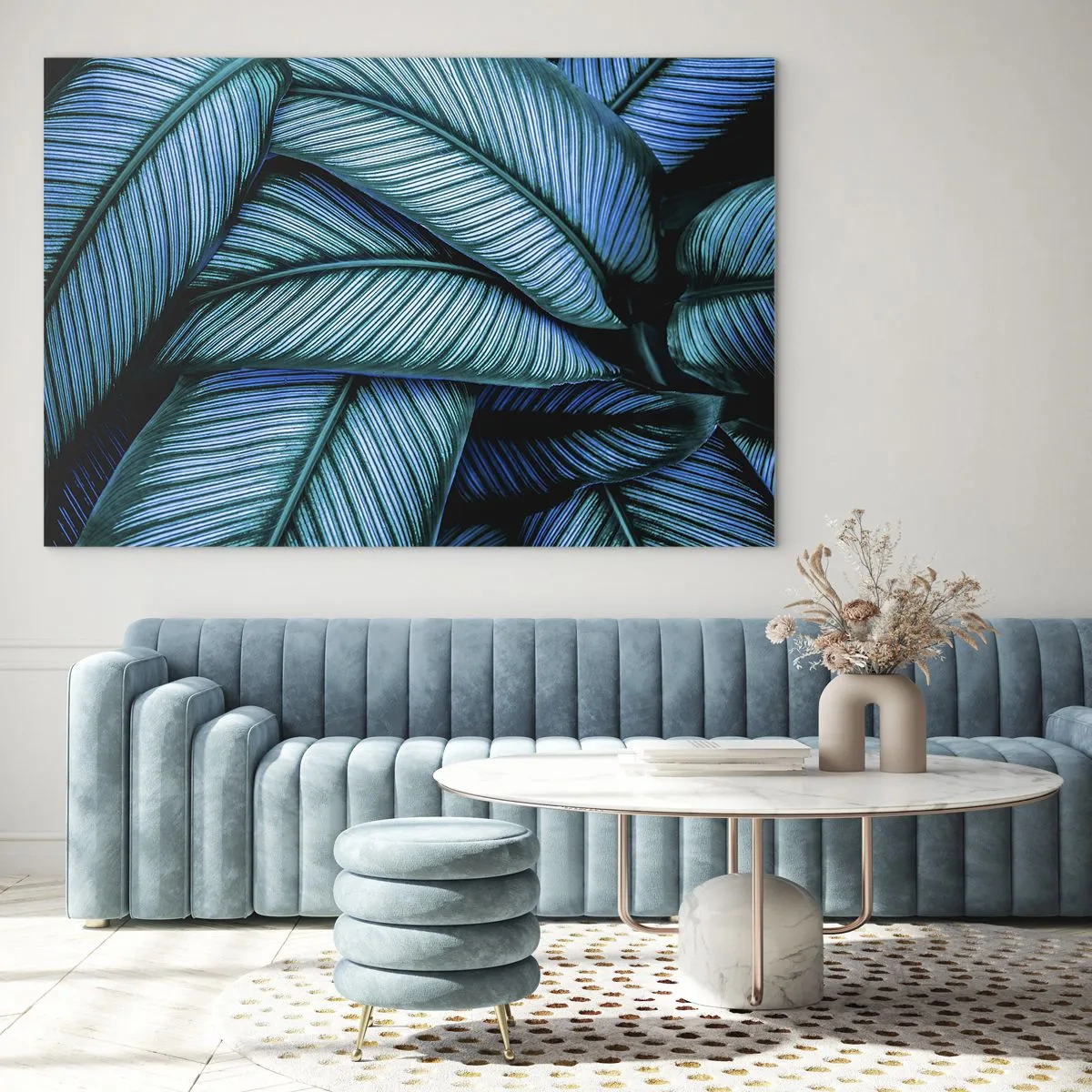 Schilderen op glas - Een close-up van turquoise bladeren met een intense textuur. - 70x50cm - Levens lijnen - Moderne wanddecoratie voor woonkamer en slaapkamer ARTTOR