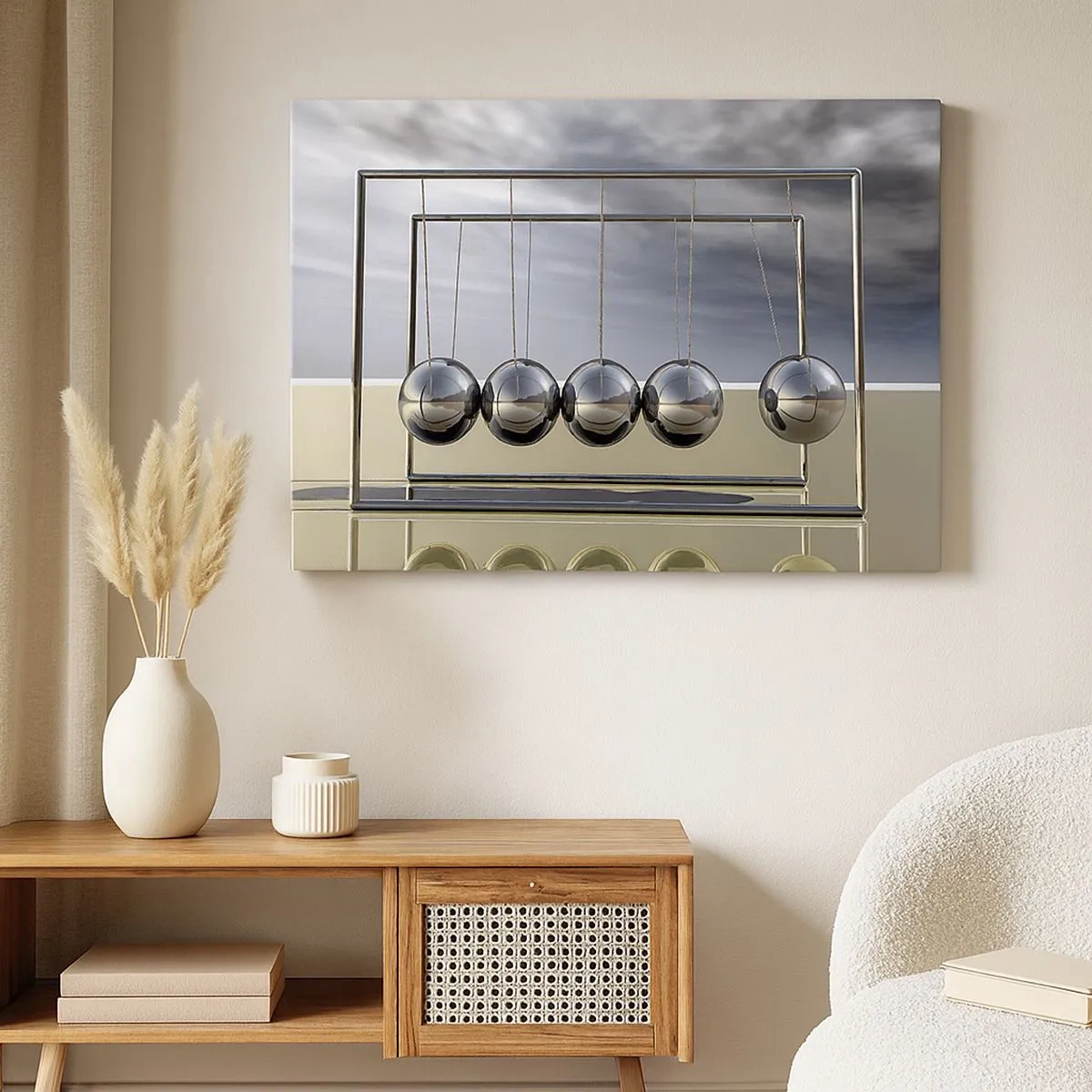 Schilderen op canvas - De bollen van Newton in een minimalistische setting met lichtreflecties - 70x50cm - De energie van de wereld - Moderne wanddecoratie voor woonkamer en slaapkamer ARTTOR