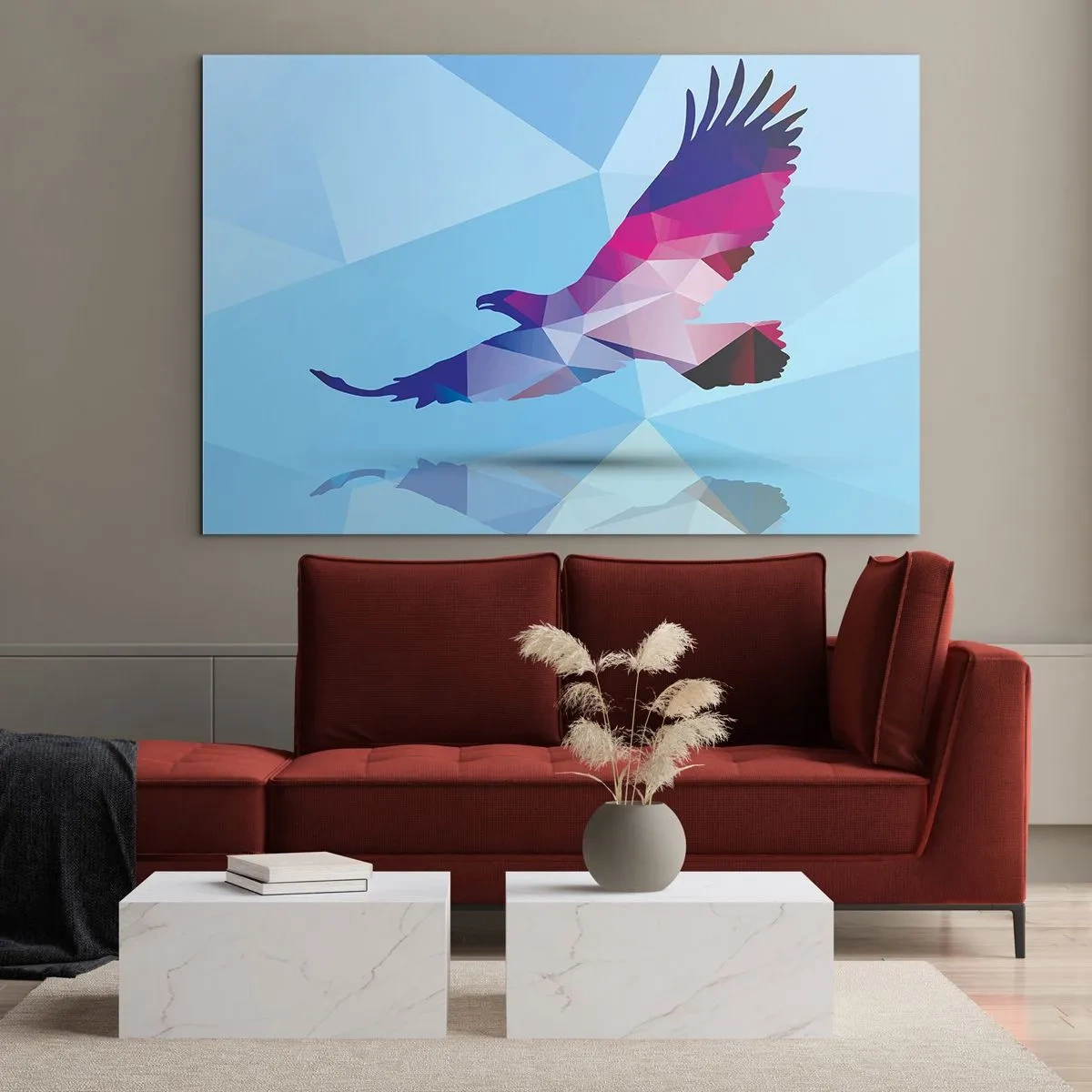 Schilderen op glas - Geometrische adelaar op een blauwe achtergrond - 70x50cm - Adelaar in een lila kristal - Moderne wanddecoratie voor woonkamer en slaapkamer ARTTOR