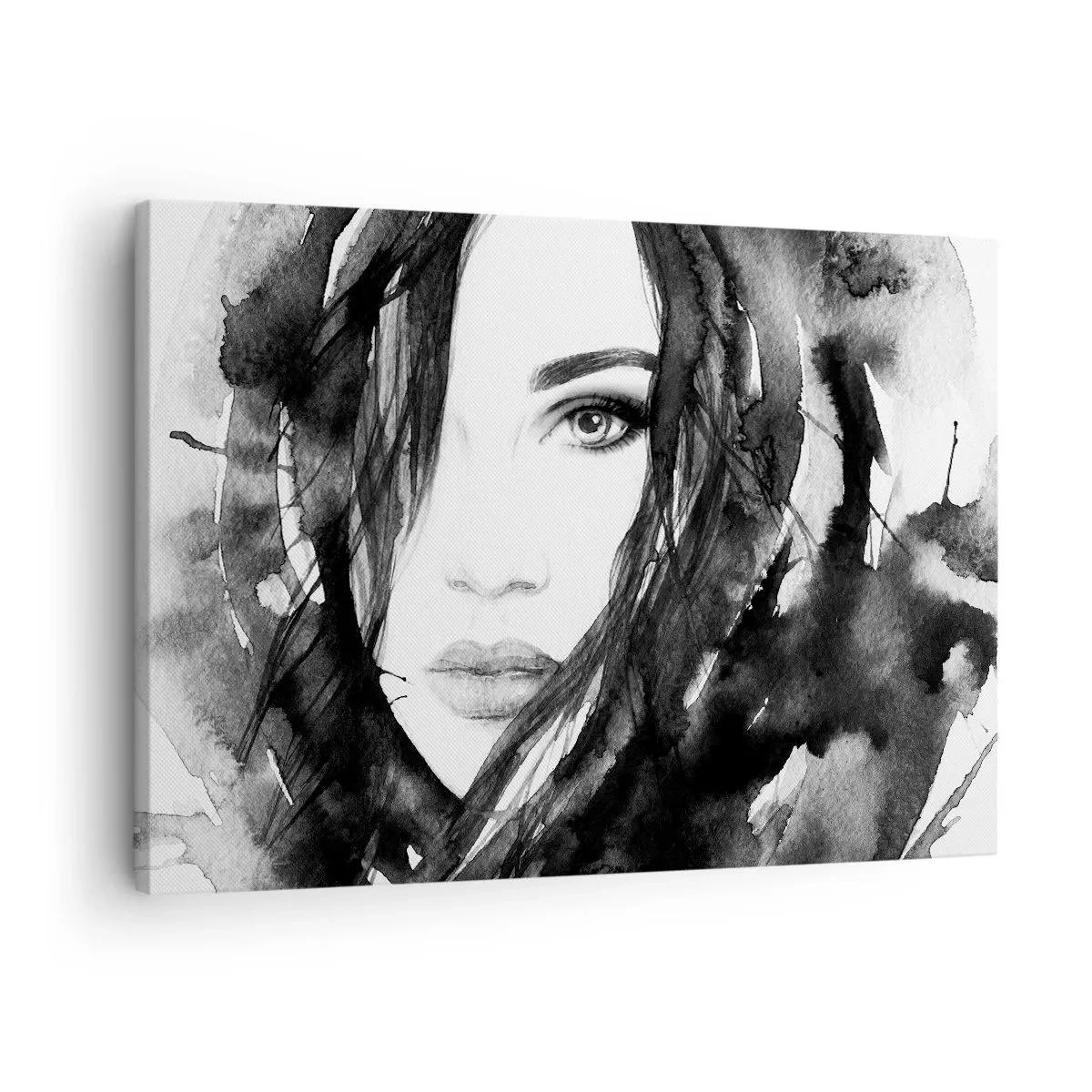 Schilderen op canvas - Portret van een vrouw in zwart-wit aquarel - 70x50cm - Portret van een dame in zwart en wit - Moderne wanddecoratie voor woonkamer en slaapkamer ARTTOR