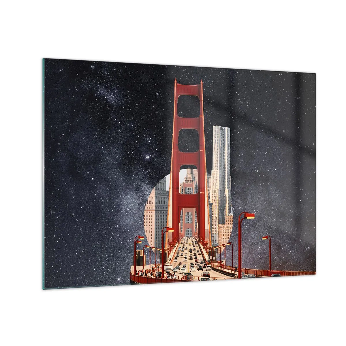 Schilderen op glas - Brug en wolkenkrabbers op een surrealistische sterrenstelselachtergrond - 70x50cm - Altijd in het centrum - Moderne wanddecoratie voor woonkamer en slaapkamer ARTTOR