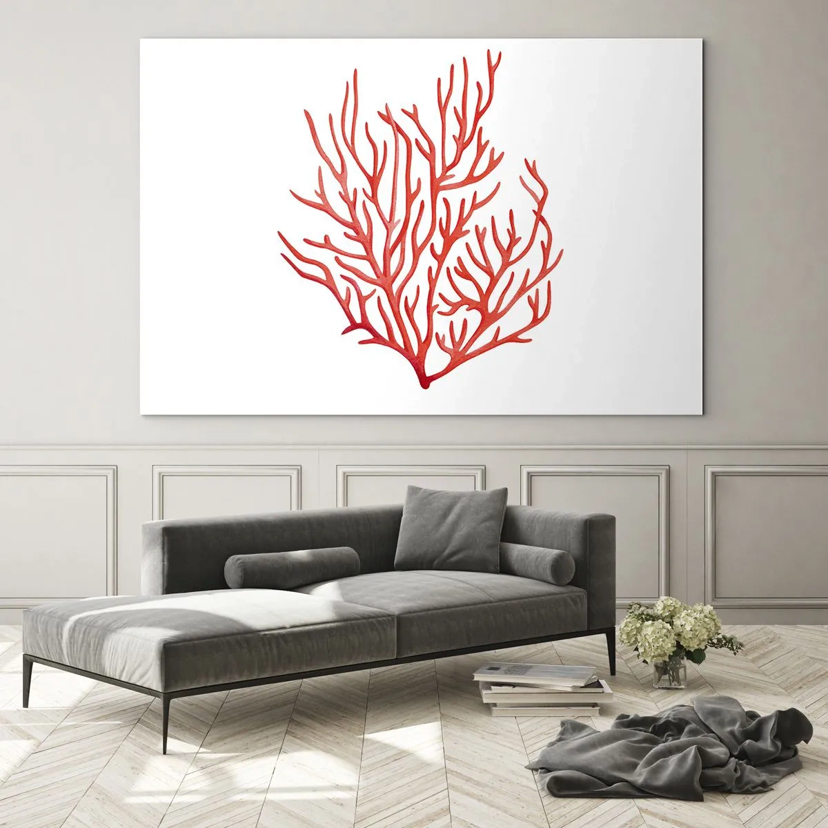 Schilderen op glas - Rood koraal met een filigraanstructuur op een witte achtergrond - 70x50cm - Koraal filigraan - Moderne wanddecoratie voor woonkamer en slaapkamer ARTTOR