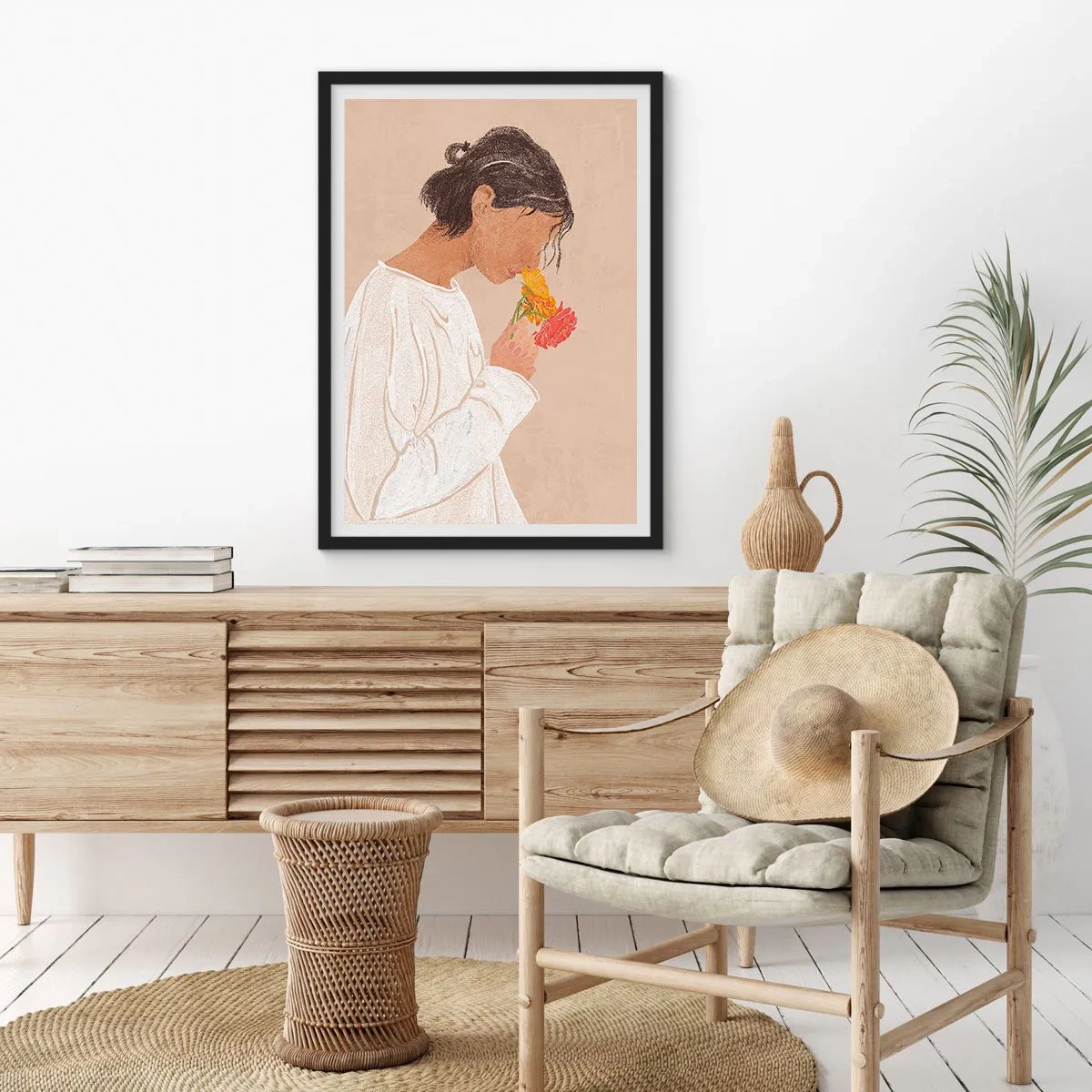 Poster in een zwarte lijst - Een vrouw in het wit die reflecteert op bloemen - 50x70cm - Meisje en bloemen - Moderne wanddecoratie voor woonkamer en slaapkamer ARTTOR