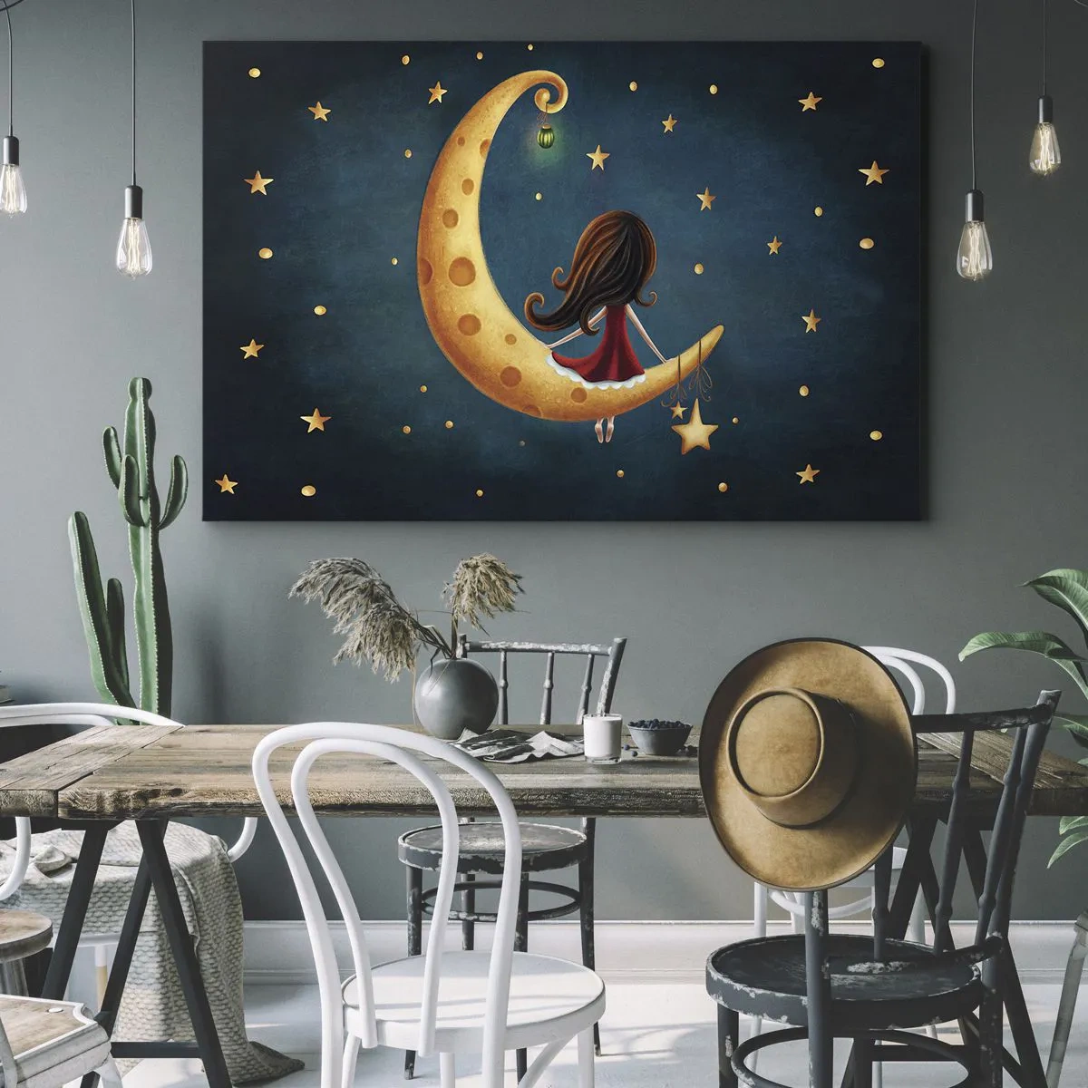 Schilderen op canvas - Een meisje op de maan omringd door sterren - 70x50cm - Een keer… - Moderne wanddecoratie voor woonkamer en slaapkamer ARTTOR