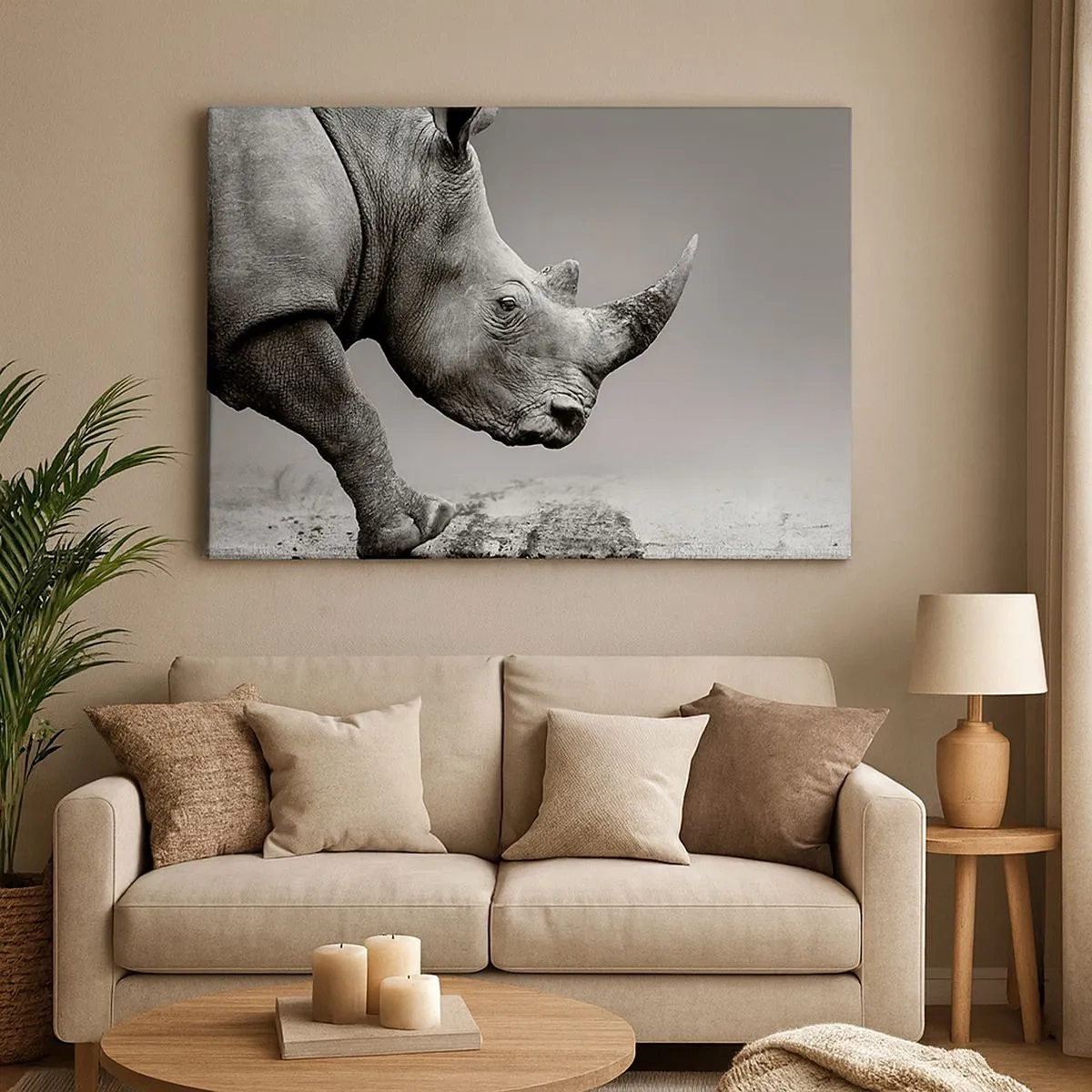 Schilderen op canvas - Portret van een neushoorn tegen de achtergrond van een grijze woestijn - 70x50cm - Onstuitbare kracht - Moderne wanddecoratie voor woonkamer en slaapkamer ARTTOR