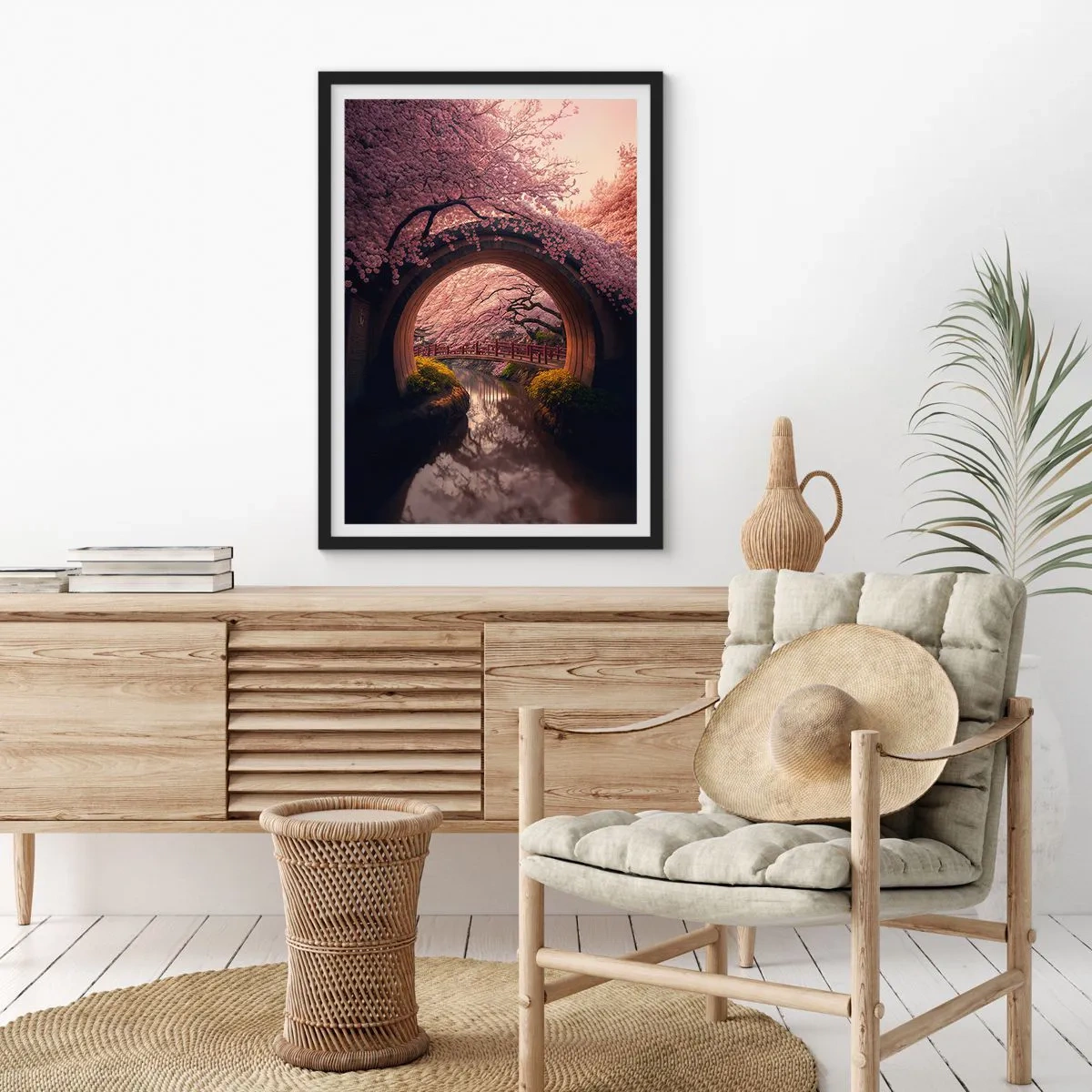 Poster in een zwarte lijst - Een romantische brug tussen kersenbloesems - 50x70cm - Japanse lente - Moderne wanddecoratie voor woonkamer en slaapkamer ARTTOR