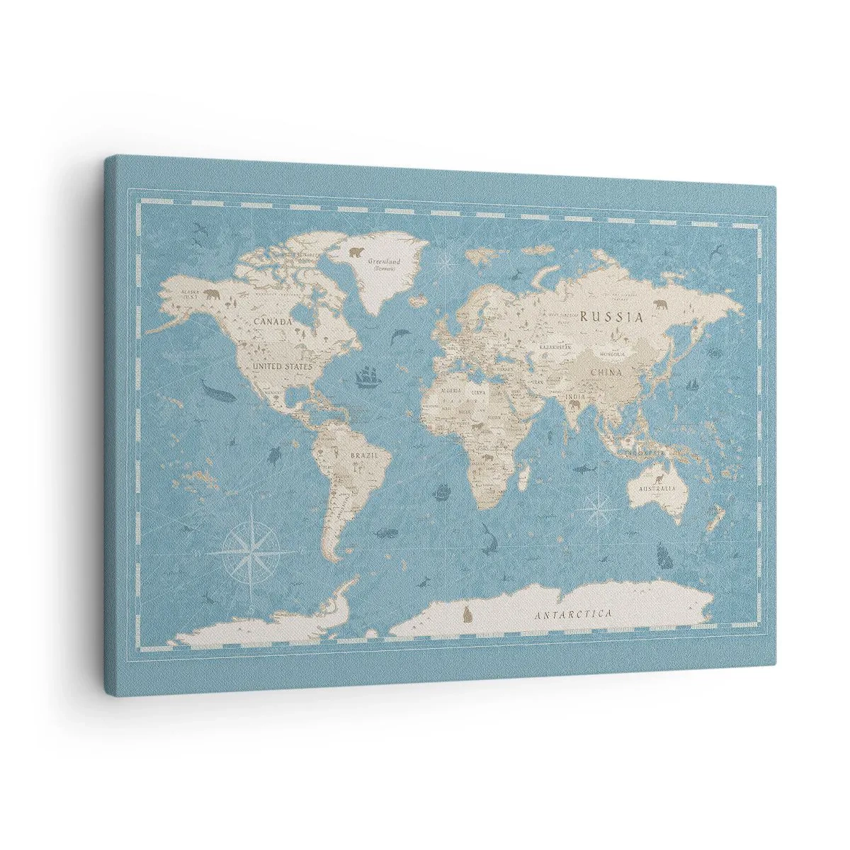Schilderen op canvas - Decoratieve wereldkaart in tinten blauw en beige - 70x50cm - De wereld binnen handbereik - Moderne wanddecoratie voor woonkamer en slaapkamer ARTTOR