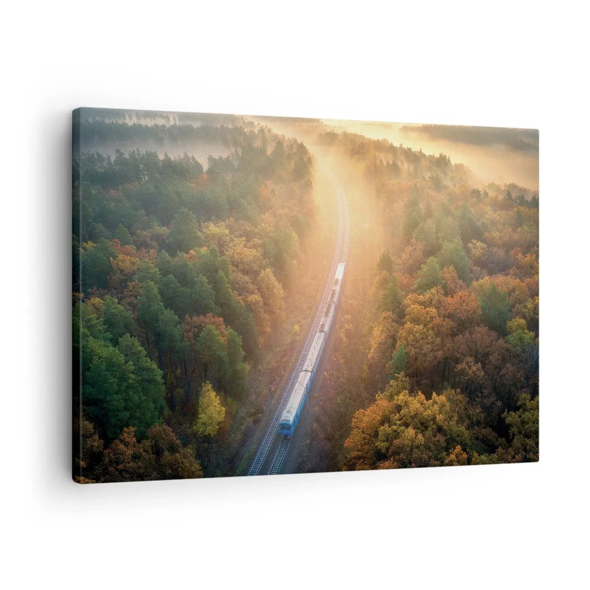 Schilderen op canvas - Een trein in een herfstbos bij zonsopgang - 70x50cm - Herfst reis - Moderne wanddecoratie voor woonkamer en slaapkamer ARTTOR
