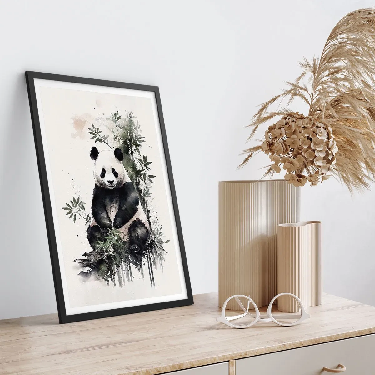 Poster in een zwarte lijst - Aquarelpanda omringd door bamboebladeren - 50x70cm - Groeten uit China - Moderne wanddecoratie voor woonkamer en slaapkamer ARTTOR