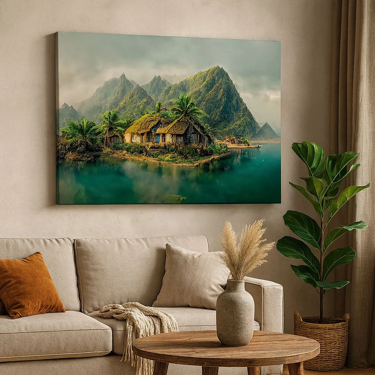Schilderen op canvas - Een tropisch eiland met palmbomen en bergen op de achtergrond - 70x50cm - Tropisch paradijs - Moderne wanddecoratie voor woonkamer en slaapkamer ARTTOR