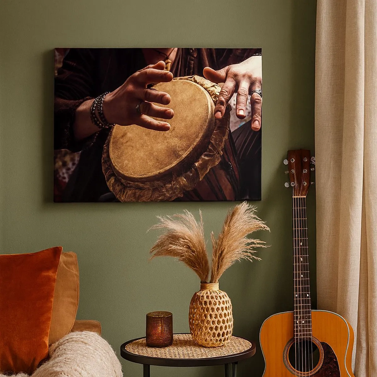 Schilderen op canvas - Handen die een traditionele djembe-trommel bespelen - 70x50cm - Op het ritme van het hart - Moderne wanddecoratie voor woonkamer en slaapkamer ARTTOR