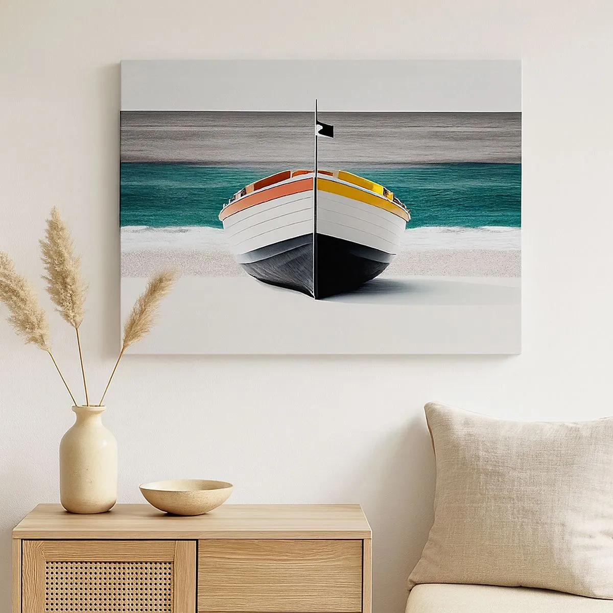 Schilderen op canvas - Een boot op het strand met een turquoise zee op de achtergrond - 70x50cm - Op zijn plaats - Moderne wanddecoratie voor woonkamer en slaapkamer ARTTOR