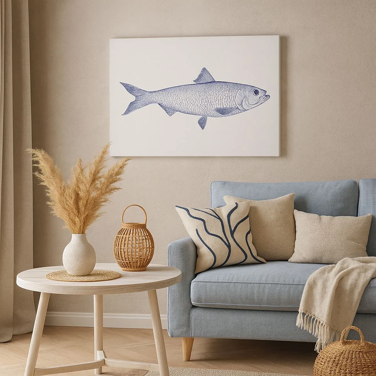 Schilderen op canvas - Illustratie van een vis in blauwtinten op een lichte achtergrond - 70x50cm - Groeten uit de noordelijke zeeën - Moderne wanddecoratie voor woonkamer en slaapkamer ARTTOR