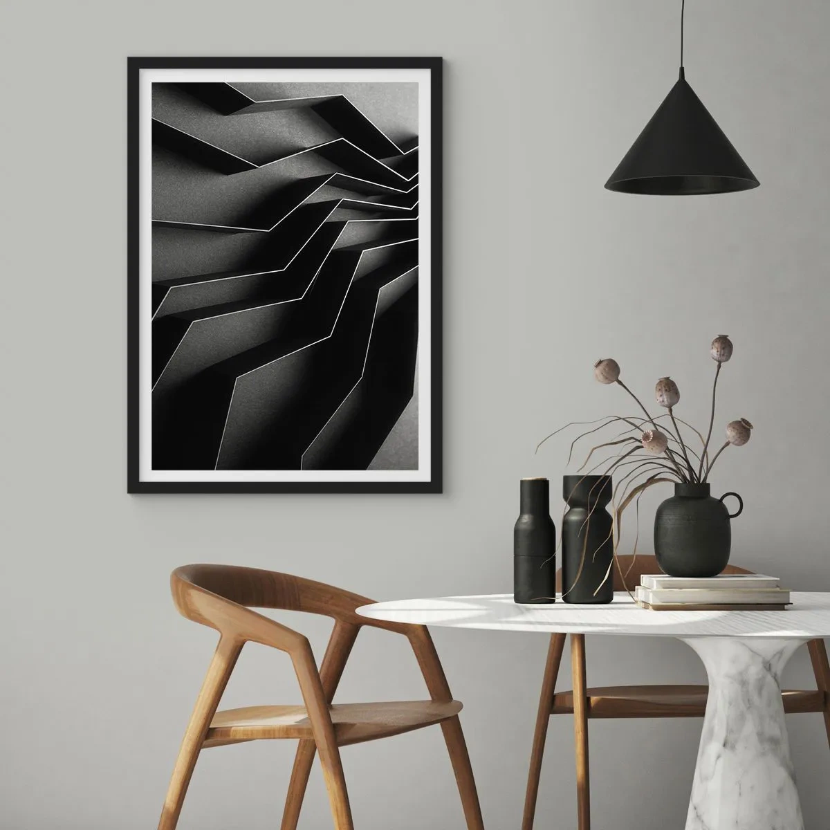 Poster in een zwarte lijst - Een zwart-witcompositie van geometrische, ruimtelijke structuren - 50x70cm - Ruimtelijke orde - Moderne wanddecoratie voor woonkamer en slaapkamer ARTTOR