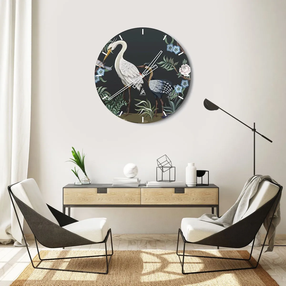 Wandklok - Klok - Decoratieve vogels tussen planten op een donkere achtergrond - 30x30cm - Vogelparade - Moderne wanddecoratie voor woonkamer, keuken en slaapkamer ARTTOR