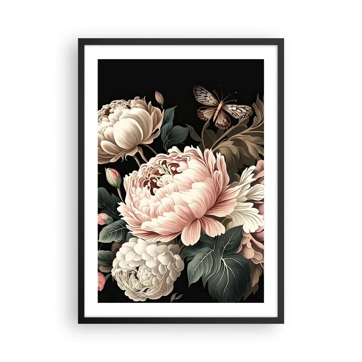 Poster in een zwarte lijst - Elegante pioenrozen en een vlinder op een zwarte achtergrond - 50x70cm - In barokstijl - Moderne wanddecoratie voor woonkamer en slaapkamer ARTTOR