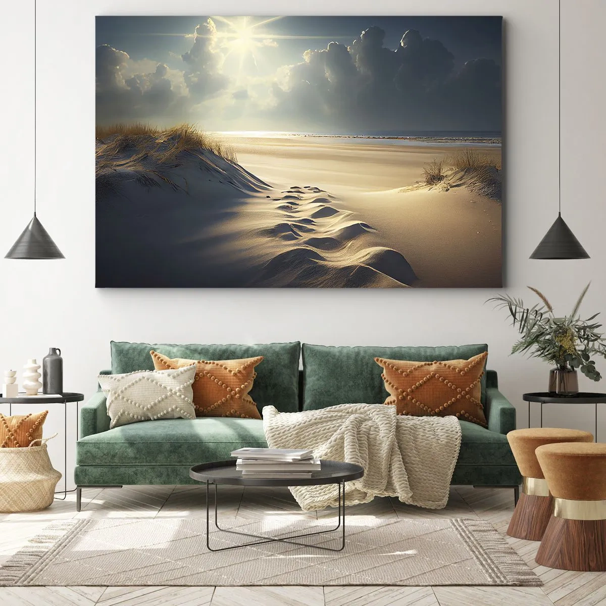 Schilderen op canvas - Gouden duinen op het strand bij zonsondergang met uitzicht op de zee - 70x50cm - Een rustgevend landschap - Moderne wanddecoratie voor woonkamer en slaapkamer ARTTOR