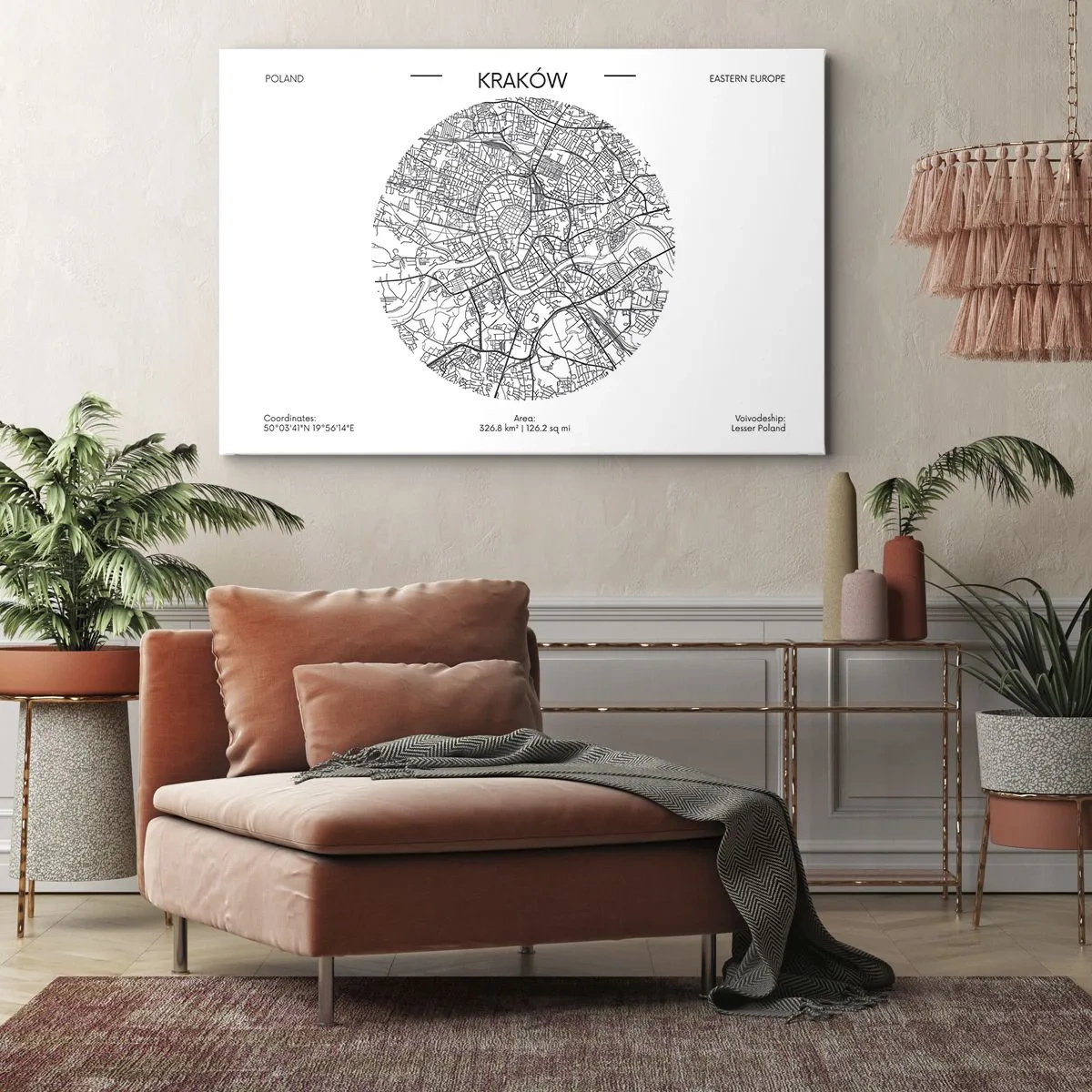 Schilderen op canvas - Een kaart van Krakau in minimalistische stijl - 70x50cm - Anatomie van Krakau - Moderne wanddecoratie voor woonkamer en slaapkamer ARTTOR