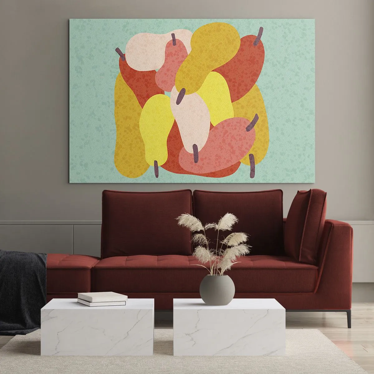 Schilderen op glas - Kleurrijke peren in grafische stijl op een turquoise achtergrond - 70x50cm - Probeer de zomerzon - Moderne wanddecoratie voor woonkamer en slaapkamer ARTTOR