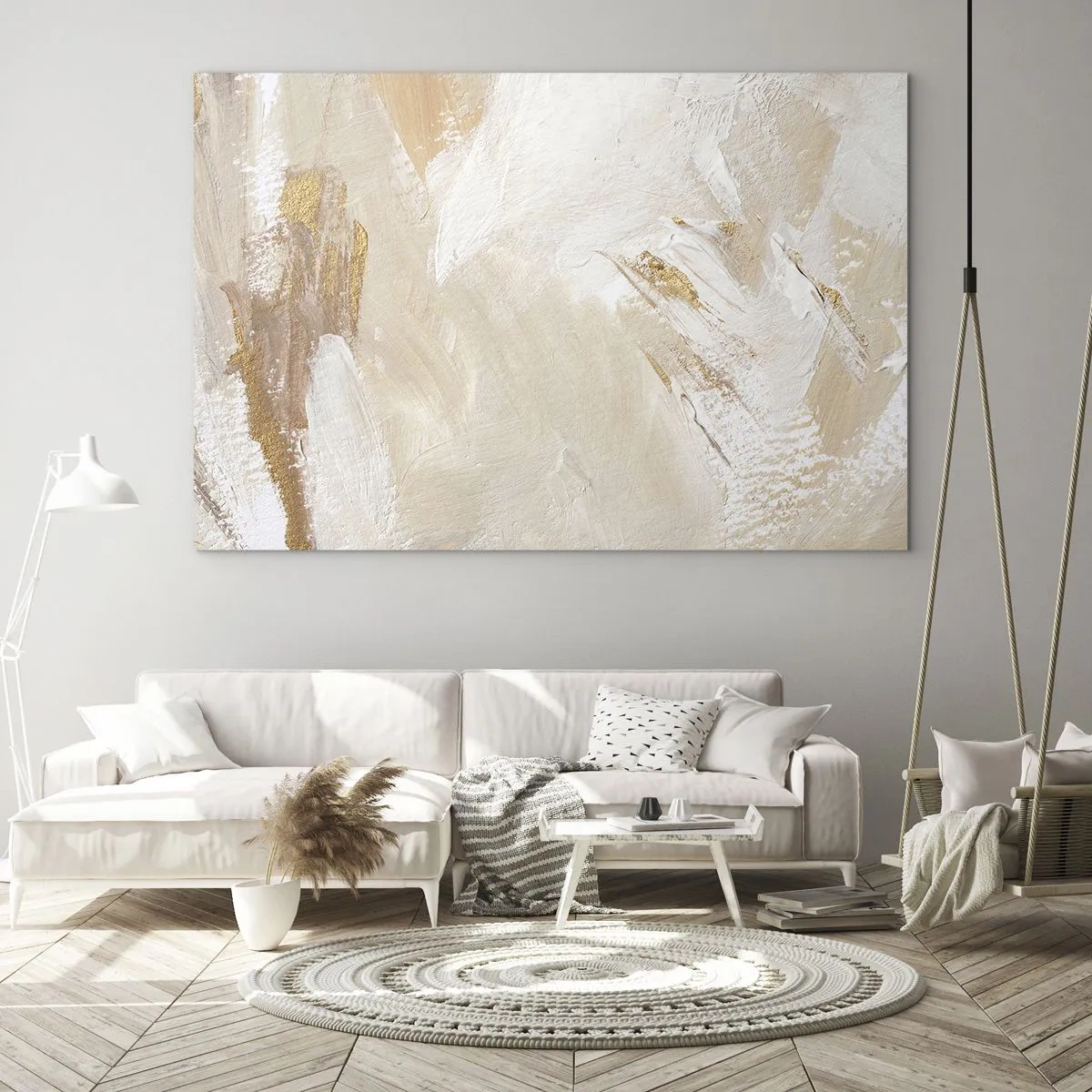 Schilderen op glas - Beige en witte abstractie met gouden accenten - 70x50cm - Pastelkleurige compositie - Moderne wanddecoratie voor woonkamer en slaapkamer ARTTOR