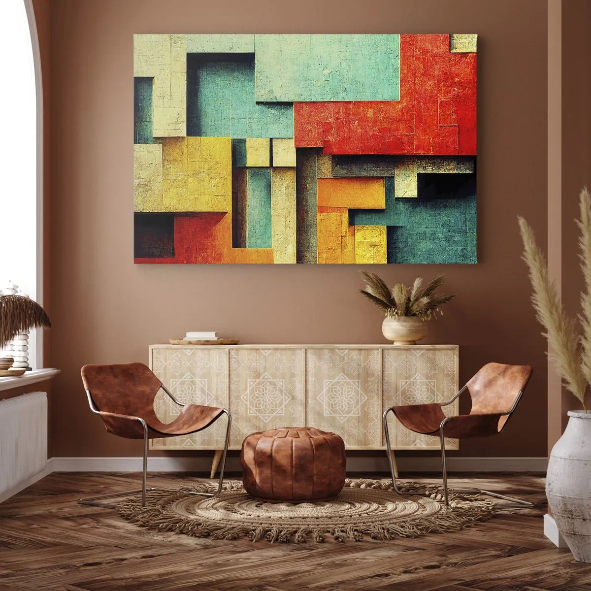 Schilderen op canvas - Abstracte geometrische vormen in levendige kleuren - 70x50cm - Festival van rechte hoeken - Moderne wanddecoratie voor woonkamer en slaapkamer ARTTOR