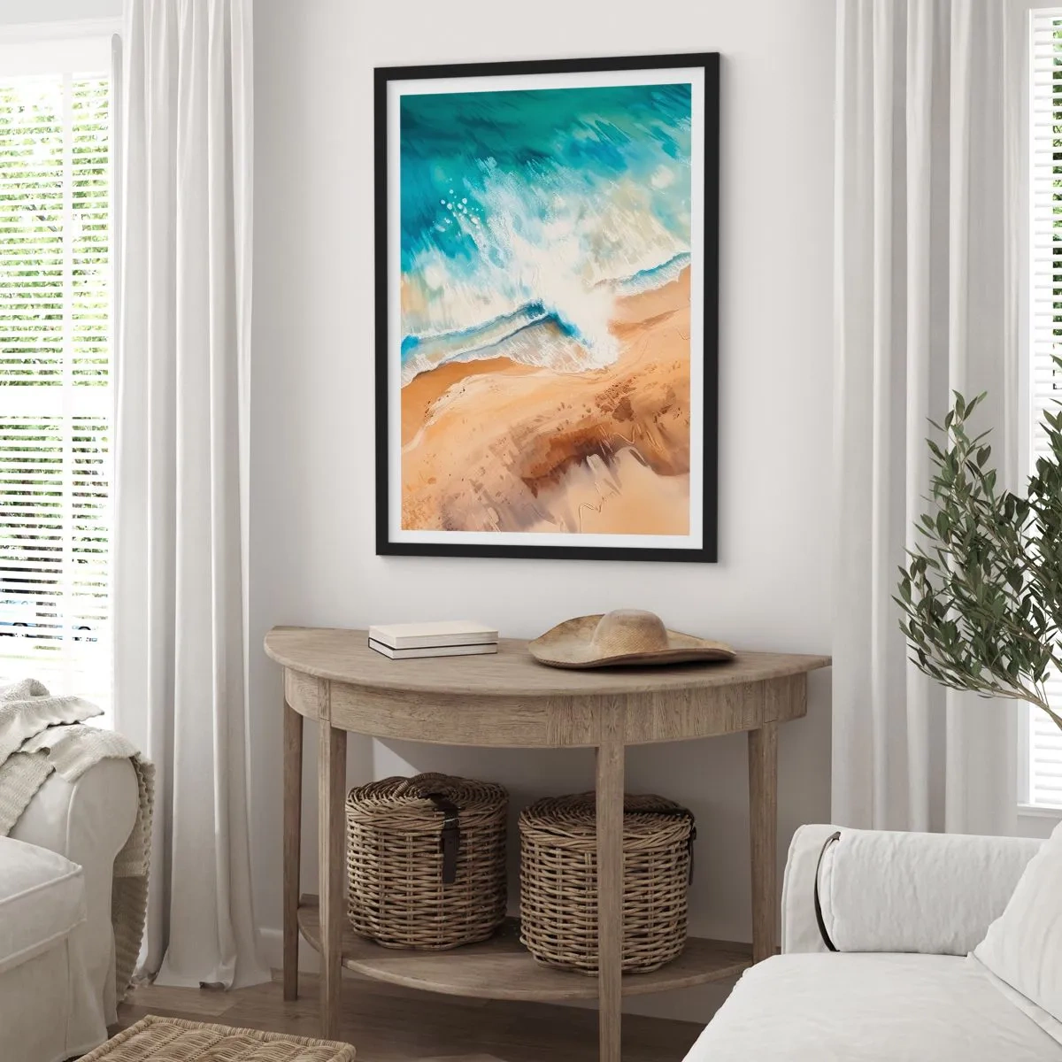 Poster in een zwarte lijst - Een abstract tafereel van een golf die op de kust beukt, in de kleuren turquoise en zand. - 50x70cm - De terugkerende golf - Moderne wanddecoratie voor woonkamer en slaapkamer ARTTOR