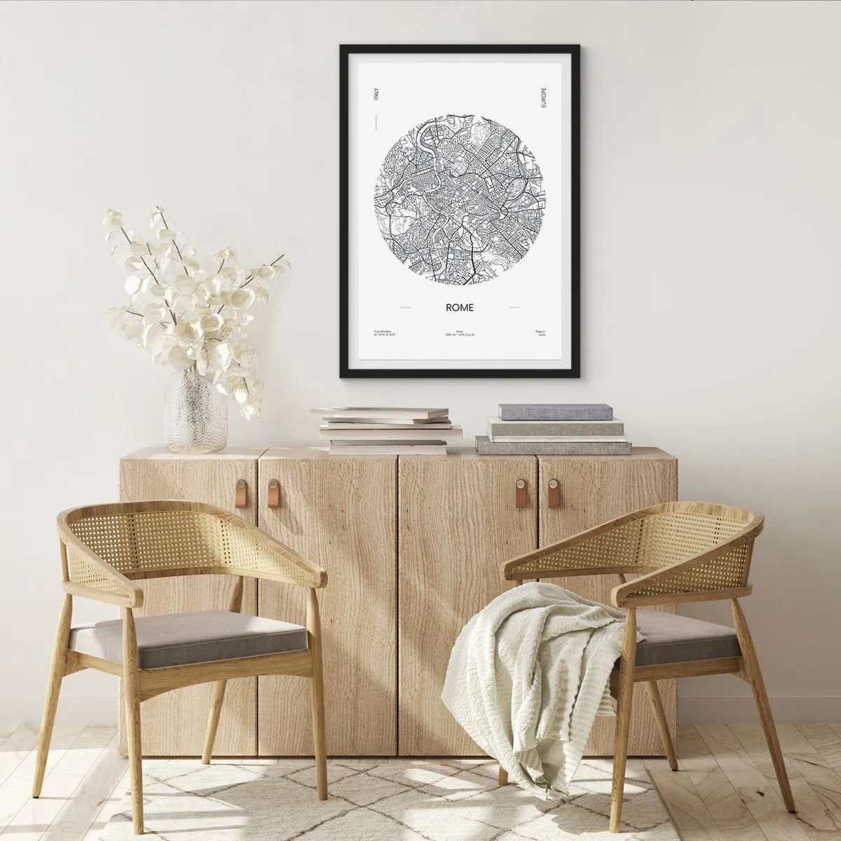 Poster in een zwarte lijst - Een minimalistische kaart van Rome in zwart-wit. - 50x70cm - Anatomie van Rome - Moderne wanddecoratie voor woonkamer en slaapkamer ARTTOR