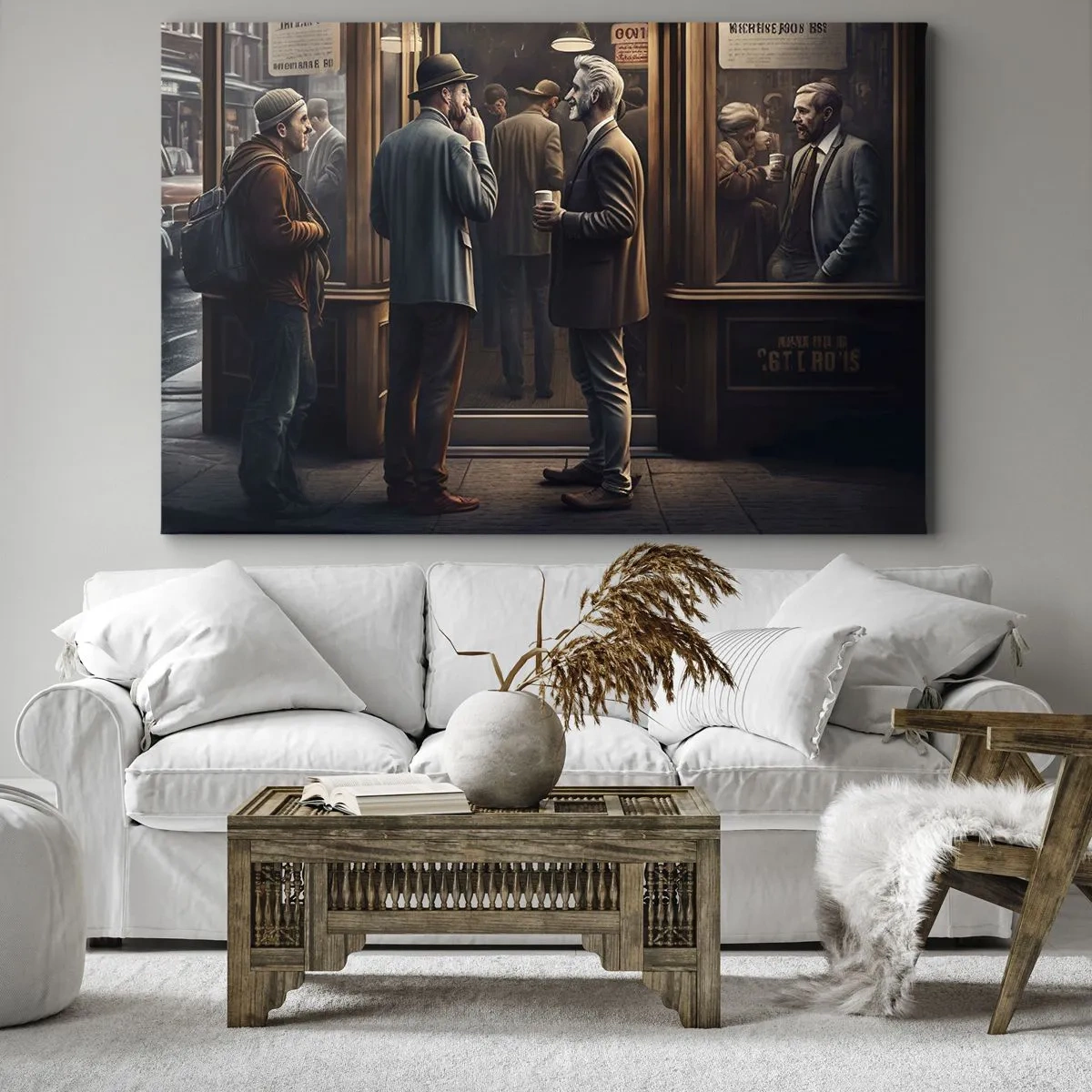 Schilderen op canvas - Straatbeeld met mensen voor een retrocafé - 70x50cm - Een goed moment van de dag - Moderne wanddecoratie voor woonkamer en slaapkamer ARTTOR