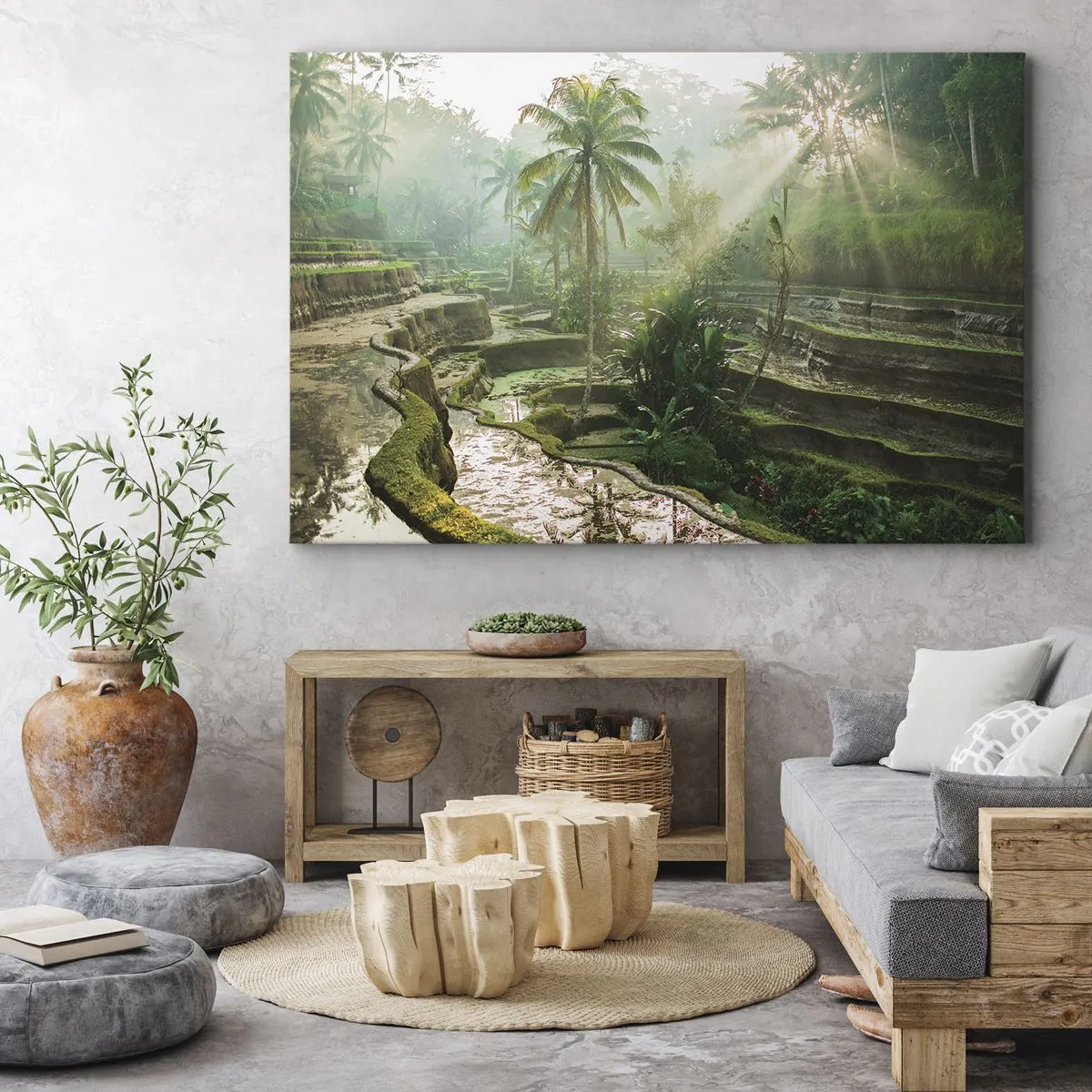 Schilderen op canvas - Rijstterrassen met palmbomen in de zonnestralen - 70x50cm - Opgroeien in de zon - Moderne wanddecoratie voor woonkamer en slaapkamer ARTTOR