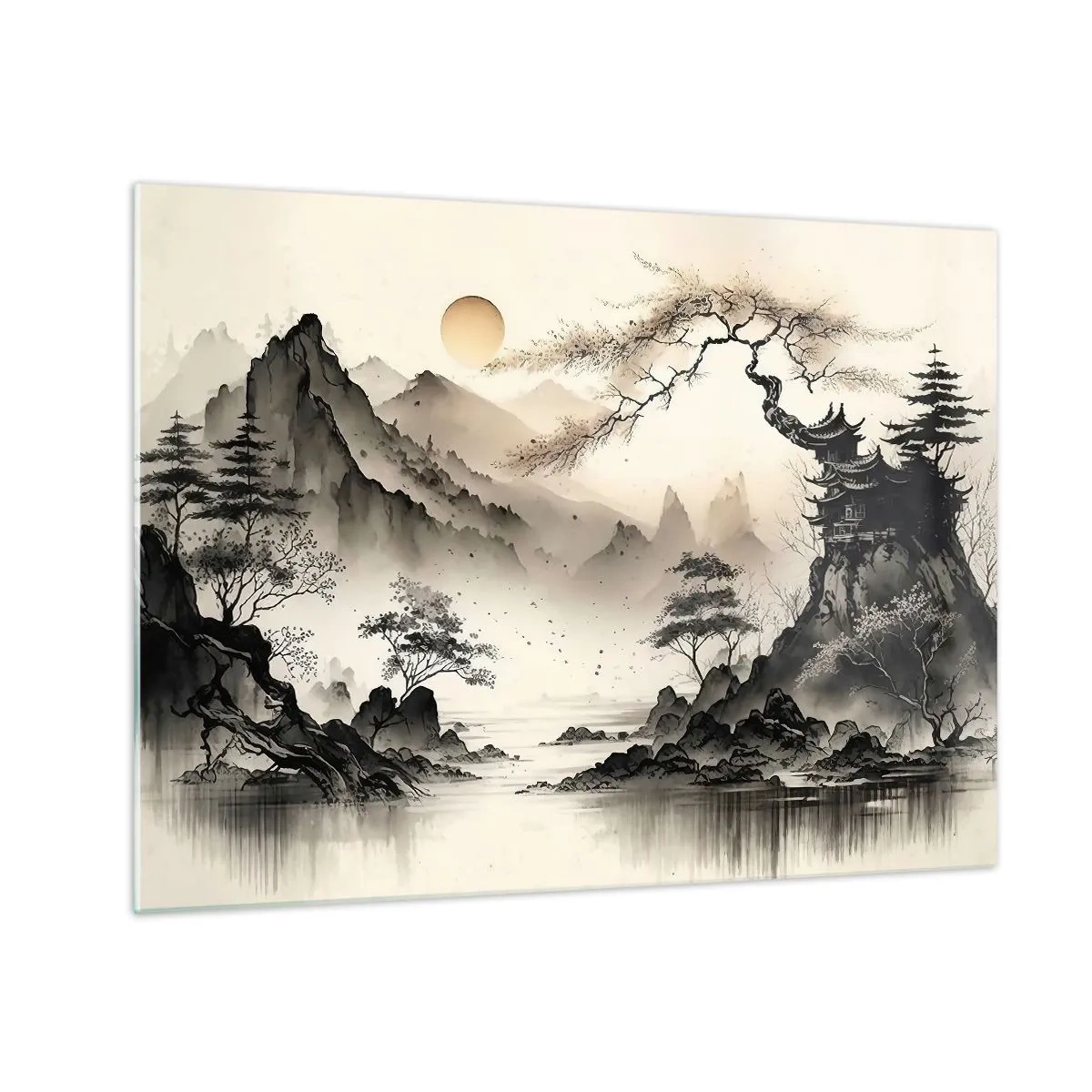 Schilderen op glas - Oosters berglandschap met een pagode en bomen - 70x50cm - De unieke charme van het Oosten - Moderne wanddecoratie voor woonkamer en slaapkamer ARTTOR