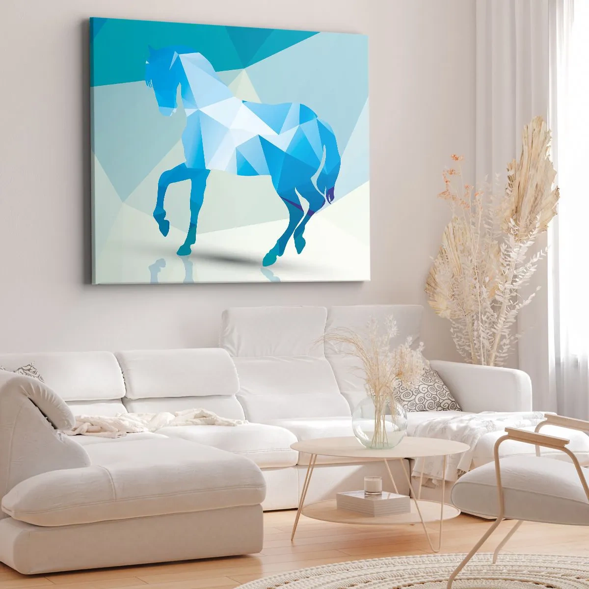 Schilderen op canvas - Geometrisch silhouet van een paard in tinten blauw - 70x50cm - Geometrisch paard in turkoois - Moderne wanddecoratie voor woonkamer en slaapkamer ARTTOR