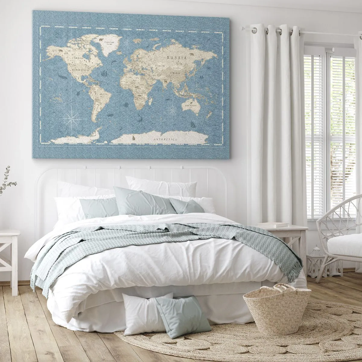 Schilderen op canvas - Decoratieve wereldkaart in tinten blauw en beige - 70x50cm - De wereld binnen handbereik - Moderne wanddecoratie voor woonkamer en slaapkamer ARTTOR