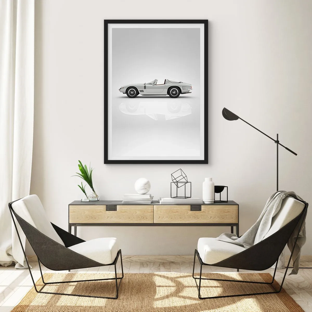 Poster in een zwarte lijst - Klassieke witte cabriolet op een neutrale achtergrond - 50x70cm - Belofte van plezier - Moderne wanddecoratie voor woonkamer en slaapkamer ARTTOR