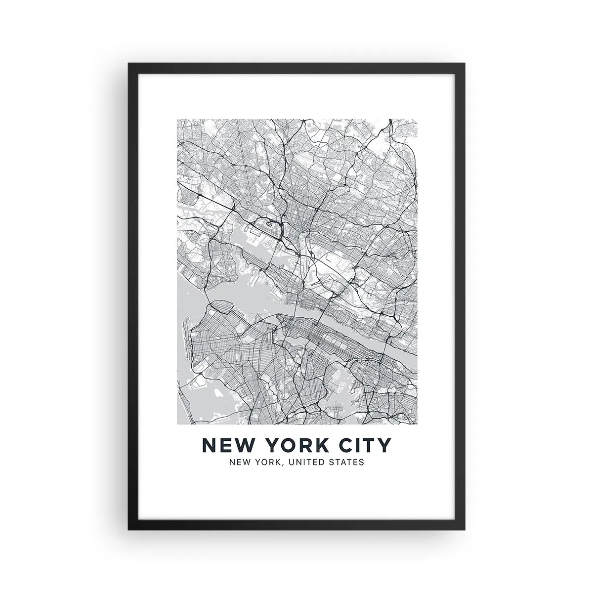 Poster in een zwarte lijst - Een minimalistische kaart van New York City - 50x70cm - De anatomie van een metropool - Moderne wanddecoratie voor woonkamer en slaapkamer ARTTOR