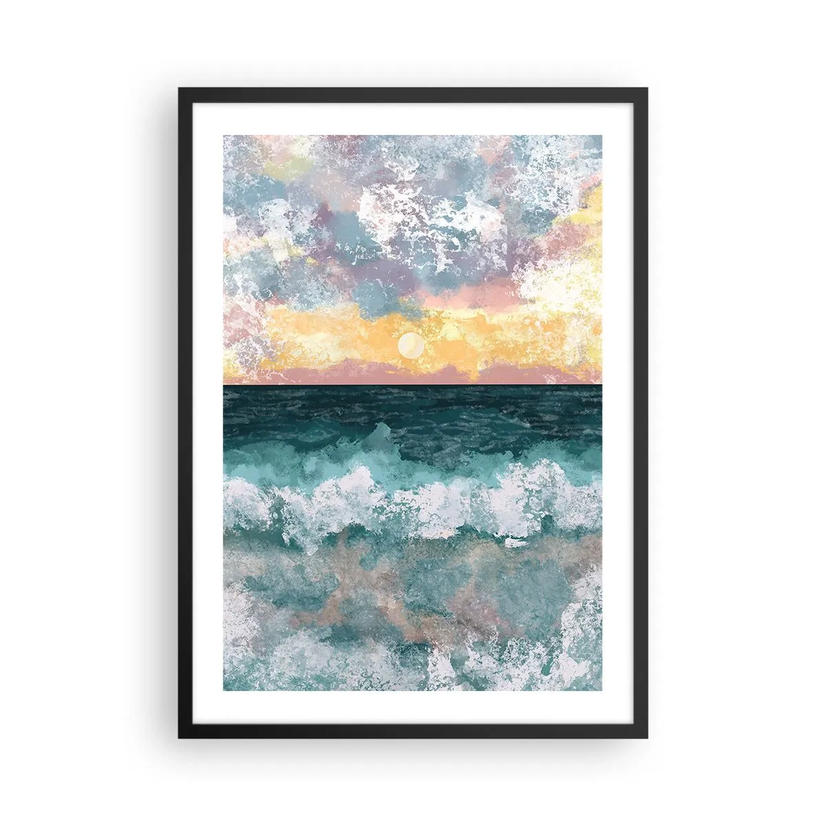 Poster in een zwarte lijst - Zee golven en zonsondergang in aquarel stijl - 50x70cm - Water, licht, lucht - Moderne wanddecoratie voor woonkamer en slaapkamer ARTTOR