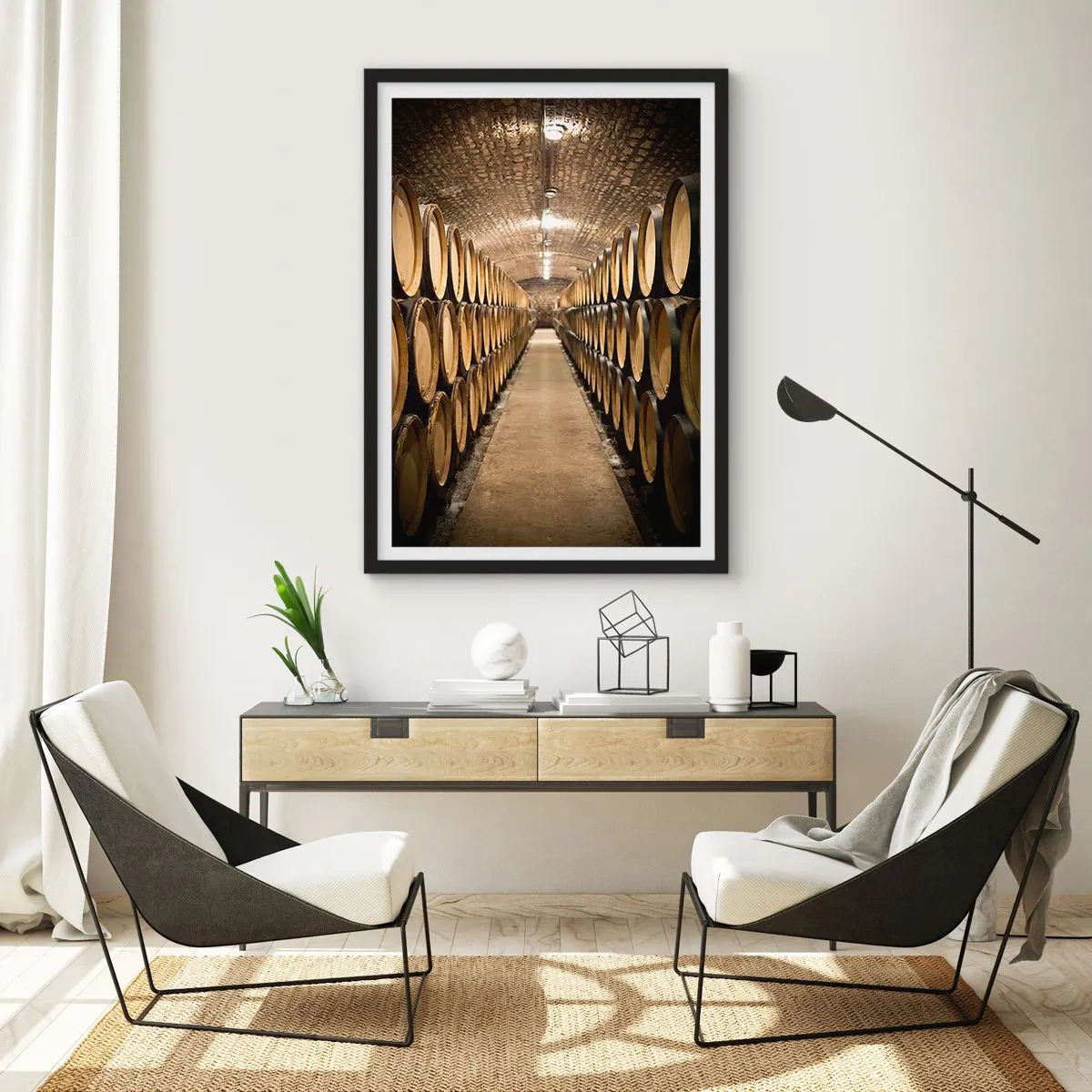 Poster in een zwarte lijst - Een kelder vol wijnvaten - 50x70cm - In een bakstenen kelder - Moderne wanddecoratie voor woonkamer en slaapkamer ARTTOR