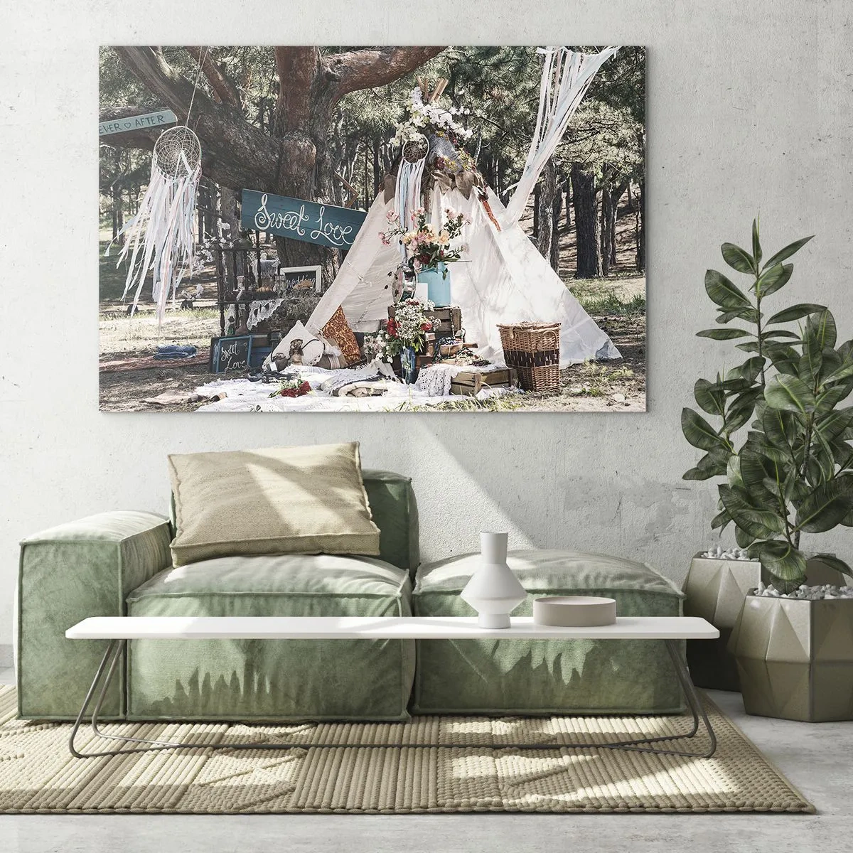Schilderen op glas - Boho-buitendecoratie met een tipi en bloemen in het bos - 70x50cm - De liefde bedrijven ... - Moderne wanddecoratie voor woonkamer en slaapkamer ARTTOR
