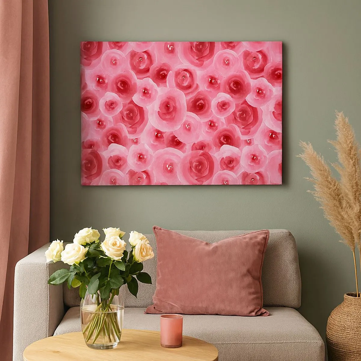 Schilderen op canvas - Delicate rozen in pasteltinten roze - 70x50cm - Rozen onder en boven - Moderne wanddecoratie voor woonkamer en slaapkamer ARTTOR