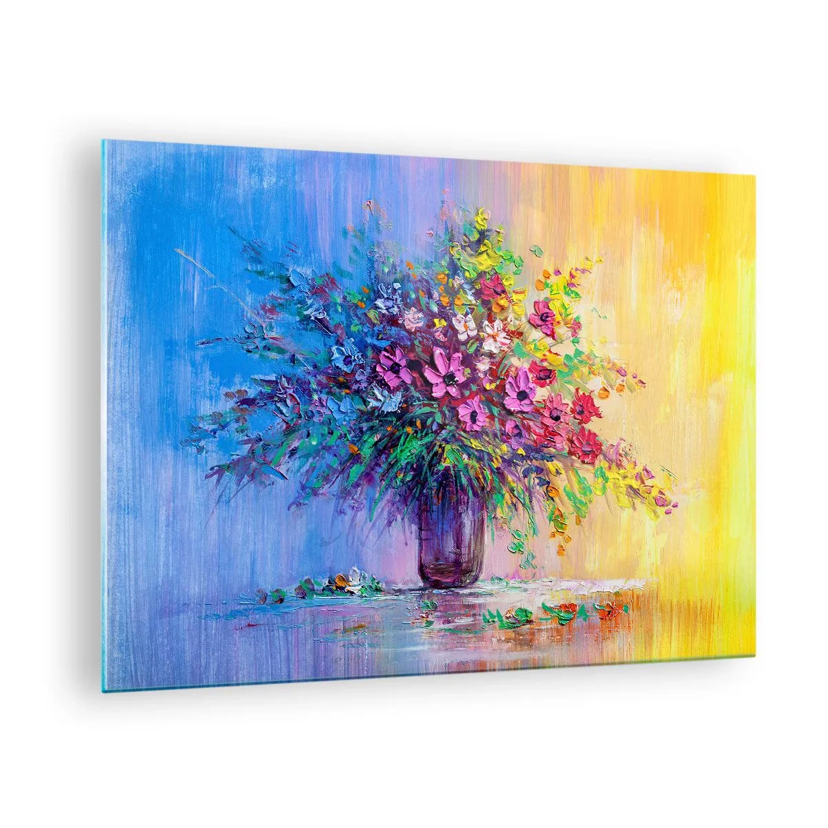 Schilderen op glas - Een kleurrijk boeket bloemen in een vaas op een abstracte achtergrond - 70x50cm - Schenking van de wei - Moderne wanddecoratie voor woonkamer en slaapkamer ARTTOR