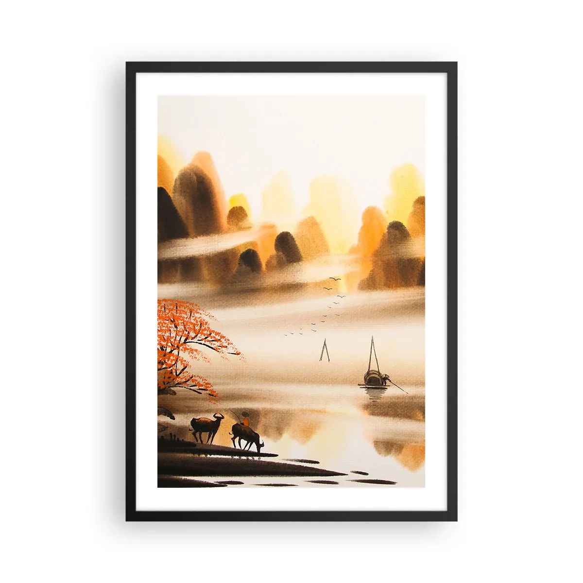Poster in een zwarte lijst - Oosters berglandschap in de mist met een boot en dieren - 50x70cm - Verder dan het Verre Oosten - Moderne wanddecoratie voor woonkamer en slaapkamer ARTTOR