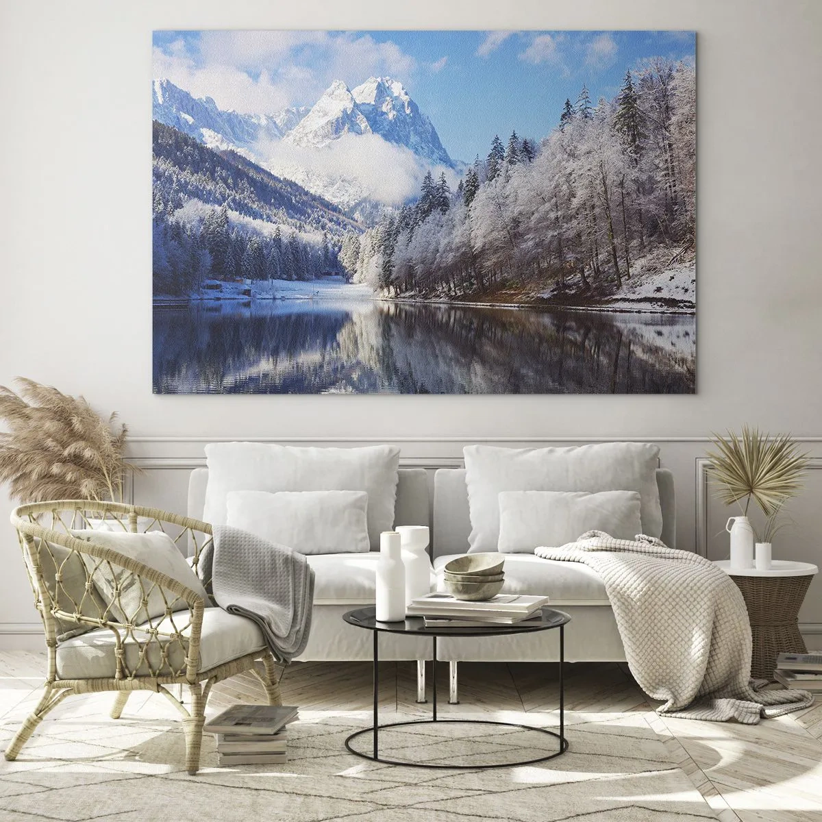 Schilderen op glas - Winterlandschap met bergen en een bevroren meer - 70x50cm - Sneuwwacht - Moderne wanddecoratie voor woonkamer en slaapkamer ARTTOR